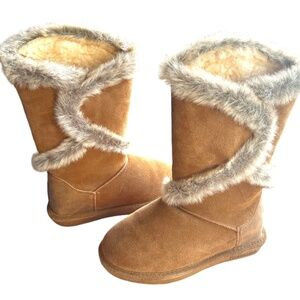 BearPaw Tan Suede Tall Faux Fur Boots Size 6